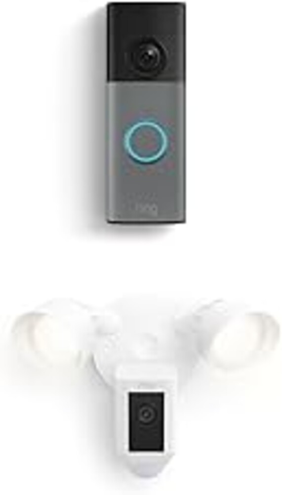 Ring Battery Doorbell (newest model), Speckled Gray with Floodlight Cam Plus, White