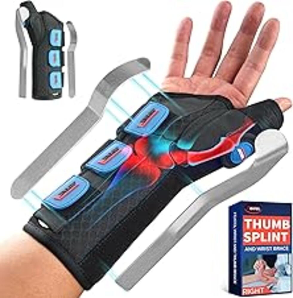 FEATOL Carpal Tunnel Wrist Brace Night Support, Thumb Spica Splint Right Hand for De Quervains Tenosynovitis, Tendonitis, Thumb Brace for Women Men, Black Blue, Small/Medium