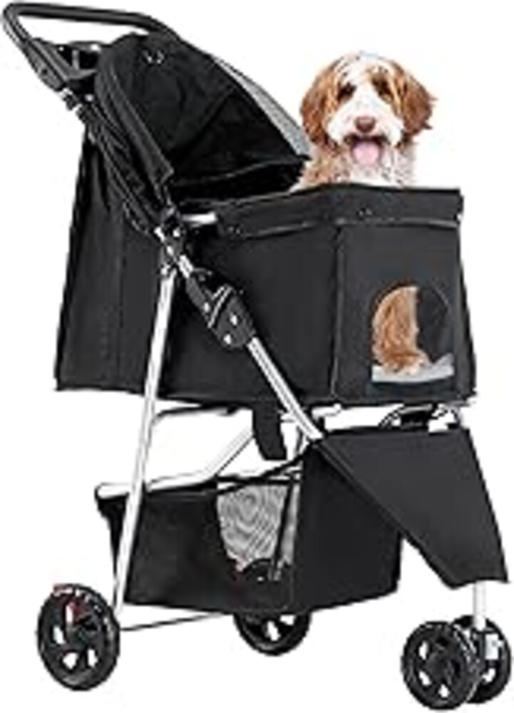 KMFurnila 3 Wheel Pet Stroller for Dogs and Cats, Foldable, Lightweight and Durable, Ideal for Small to Medium Pets, Includes Storage Basket and Cup Holders