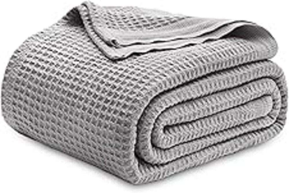 Bedsure 100% Cotton Grey Blanket Queen Size for Bed - Cooling Breathable and Soft for Summer, Thick Cozy Waffle Weave Blanket Gifts for Women, 90x90 Inches
