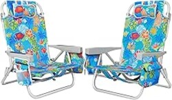 2Pk Aluminum Extra Wide 5-Position Lay Flat Folding Backpack Beach Chairs for Adults, with Cooler Bag, Cup&Phone Holder, Towel Bar for Outdoor Lawn Picnic Sport, Portable Camping Chairs,Tropical Print