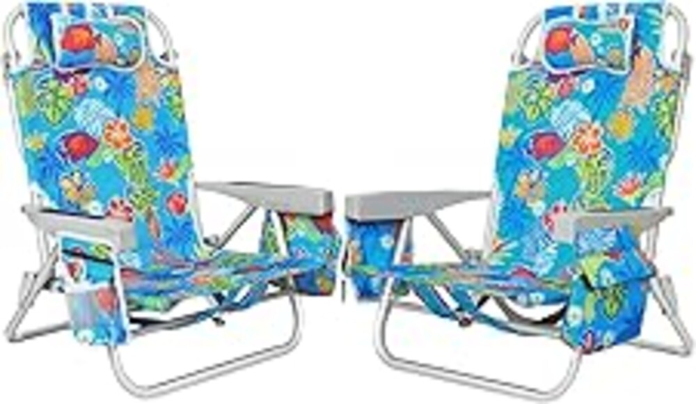 2Pk Aluminum Extra Wide 5-Position Lay Flat Folding Backpack Beach Chairs for Adults, with Cooler Bag, Cup&Phone Holder, Towel Bar for Outdoor Lawn Picnic Sport, Portable Camping Chairs,Tropical Print