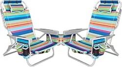 2Pk Aluminum Extra Wide 5-Position Lay Flat Folding Backpack Beach Chairs for Adults, with Cooler Bag, Cup&Phone Holder, Towel Bar for Outdoor Lawn Picnic Sport, Portable Camping Chairs, Multi Stripes