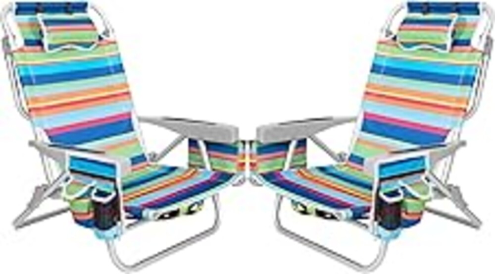 2Pk Aluminum Extra Wide 5-Position Lay Flat Folding Backpack Beach Chairs for Adults, with Cooler Bag, Cup&Phone Holder, Towel Bar for Outdoor Lawn Picnic Sport, Portable Camping Chairs, Multi Stripes