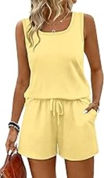 WIHOLL Two Piece Sets for Women Summer Lounge Short Sets Tank Square Neck Sleeveless Sweatsuit with Pocket