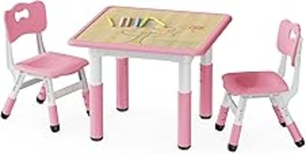 Brelley Kids Table and 2 Chairs Set, Height Adjustable Toddler Desk and Chair Set, Graffiti Desktop, Classroom/Daycare/Home, Children Multi-Activity Table for Ages 3-8