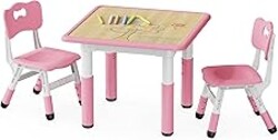 Brelley Kids Table and 2 Chairs Set, Height Adjustable Toddler Desk and Chair Set, Graffiti Desktop, Classroom/Daycare/Home, Children Multi-Activity Table for Ages 3-8