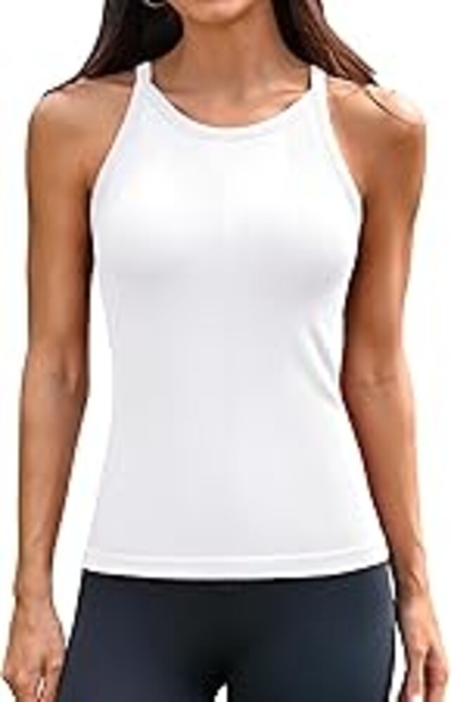 ATTRACO Ribflex Workout Tank Tops with Built in Bra Crew Neck Basic Ribbed Tank Top Racerback Athletic Camisole Seamless
