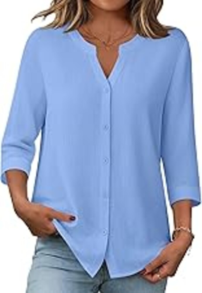Zeagoo Button Down Shirts for Women 3/4 Sleeve Linen Cotton V Neck Tops Dressy Casual Loose Work Blouses