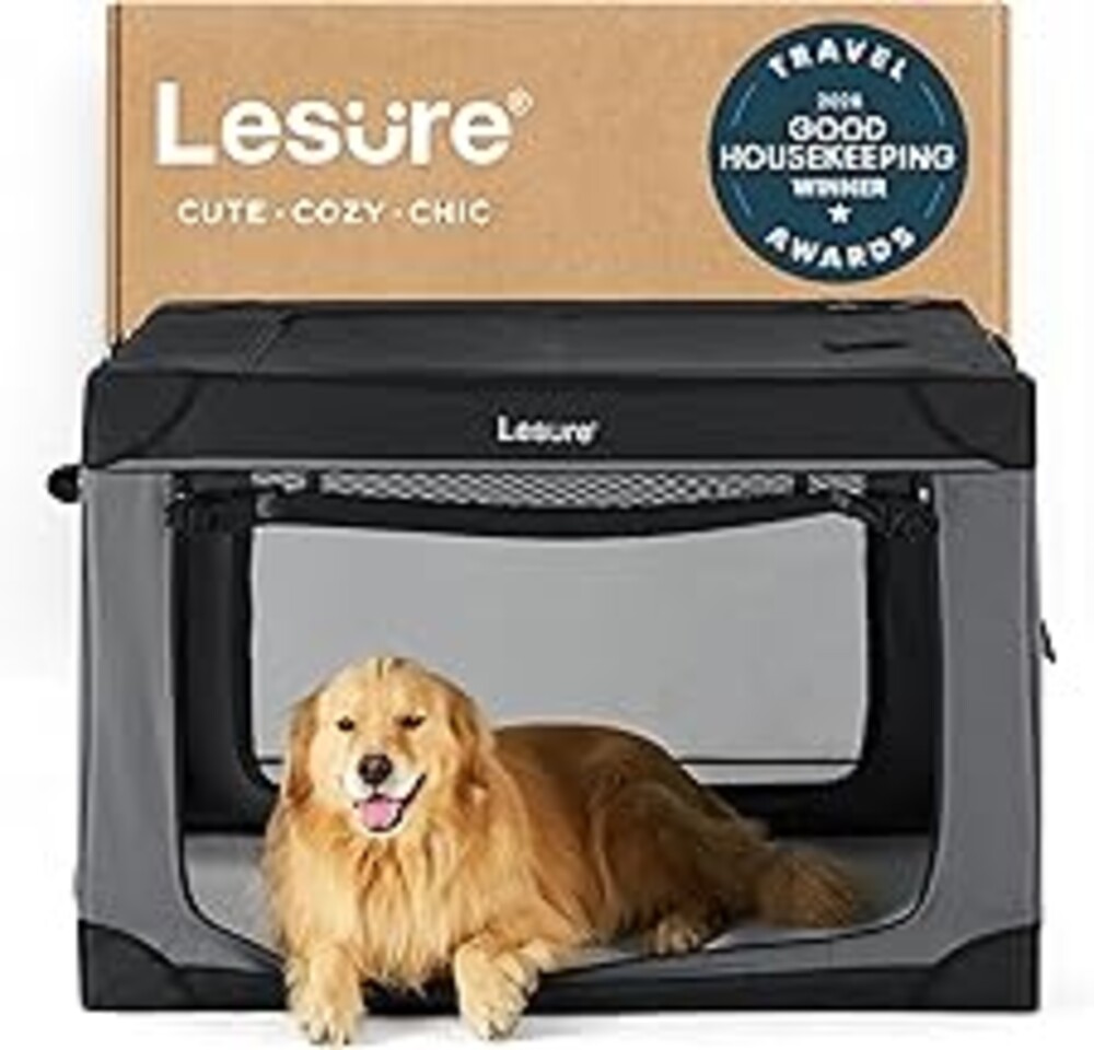 Lesure Shown on TODAY Show Soft Collapsible Dog Crate - 42 Inch Portable Travel Crate for Extra Large Dogs Indoor & Outdoor, 4-Door Foldable Pet Kennel with Mesh Windows, Black