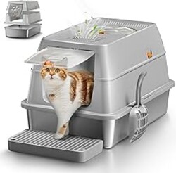 Eosarcu Stainless Steel Cat Litter Box with Lid, XL Large Enclosed High Sided Litter Box with Removable Lid, Carbon Filters -Odor Free, Easy Cleaning, Anti-Urine Leakage for Big Cats/Multiples-Grey