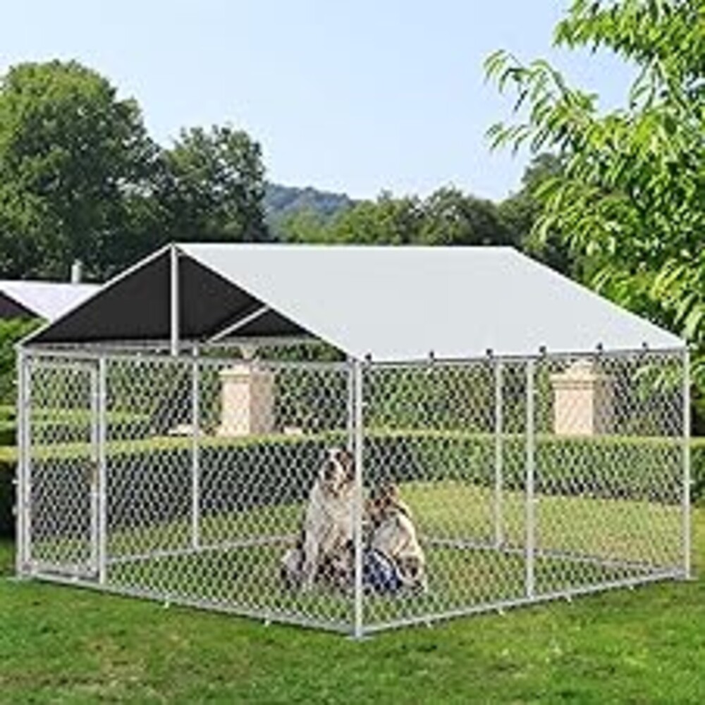 YITAHOME 10'x10' Outdoor Dog Enclosure with Metal Dog Gate, Dog Kennel Outside with Roof, Dog Fence Outdoor for Yard