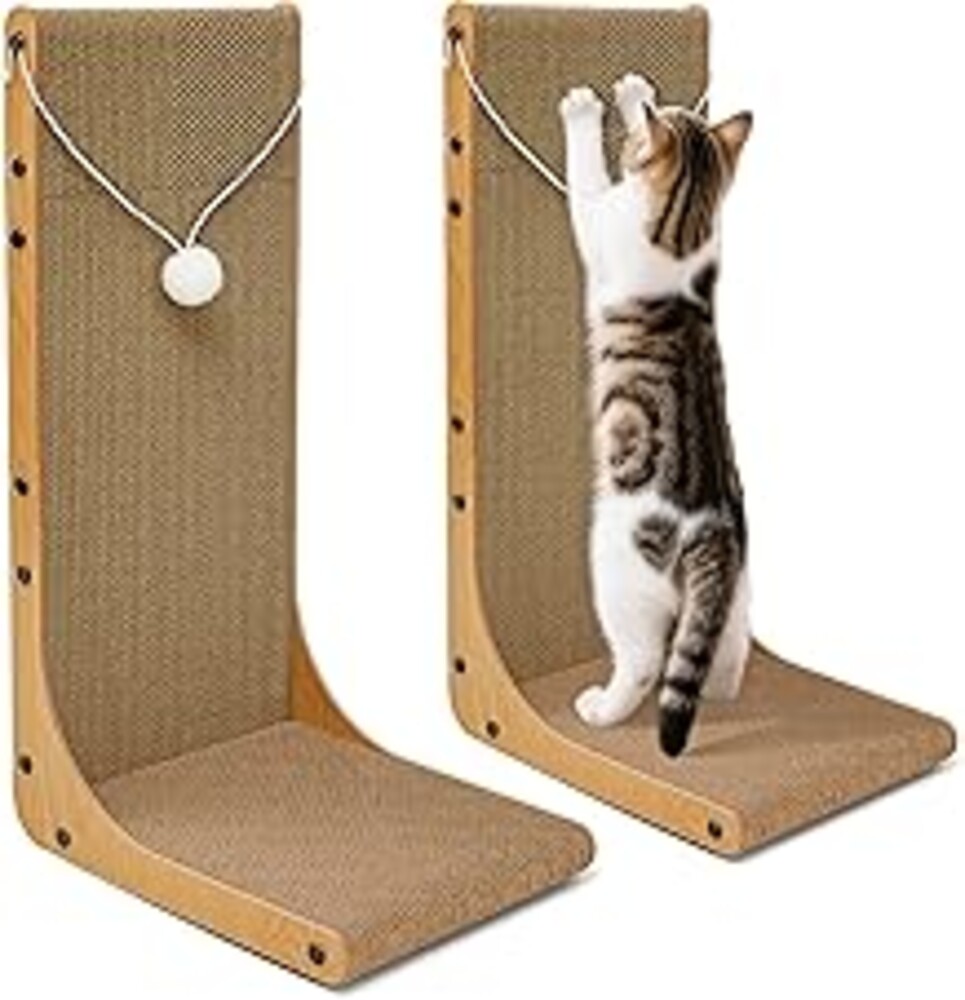Markarbarka Value 2-Pack 23.6 Inch L-Shaped Cardboard Cat Scratcher, Dual Use (Vert/Horiz) Scratch Pad with Toy Balls, Wall-Mountable Furniture Protector Cat Scratchers for Indoor Cats