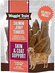 Waggin' Train Salmon Jerky Dog Treats for Skin and Coat Support, Made with 100% Real Salmon, No Grains and No Artificial Flavors or Colors, High Protein Dog Treat, Easily Digestible, 12 oz. Pouch