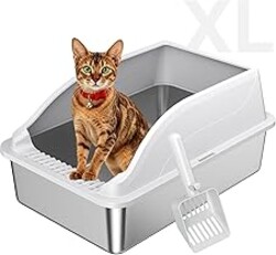 KISENG Stainless Steel Cat Litter Box, Extra Large XL Odor Free Metal Litter Box with High Sides Lid, Open Top Litter Pan Include Scoop Easy Cleaning Kitty Cat Box Anti-Urine Leakage, Non-Sticky
