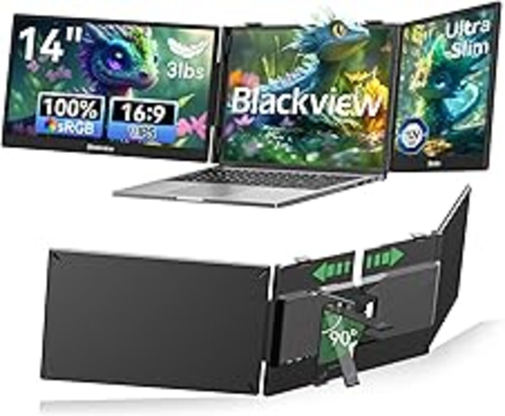 Blackview Laptop Screen Extender, 14" 1080P FHD IPS Triple Portable Monitor, Ultra-Slim Travel Dual Monitor Fit for 13"-17.3" Laptops, USB-C Plug&Play Extended Screen for Windows/Mac/Android/Switch