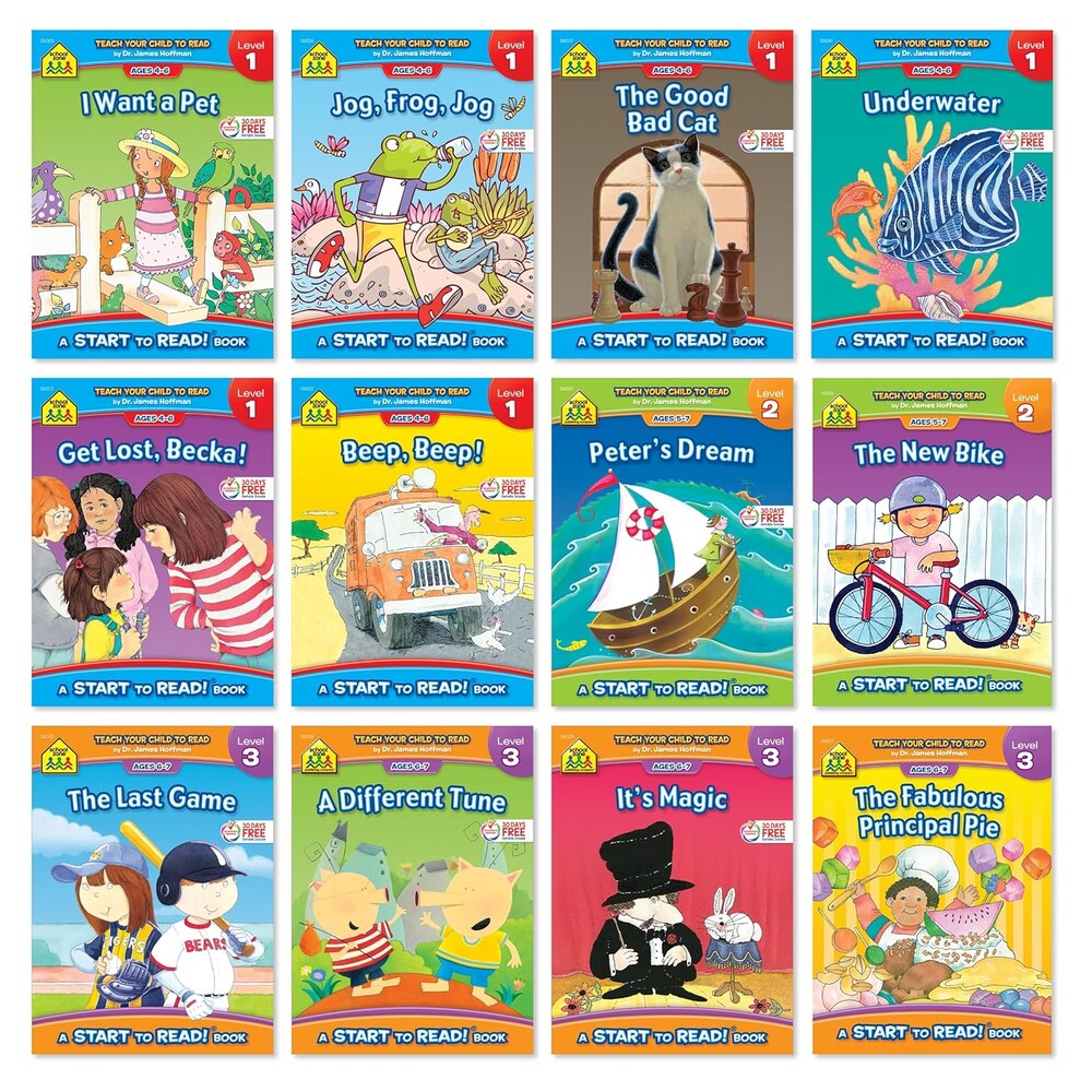 School Zone Start to Read! 12-Book Set - Progressive Reading Levels 1, 2 and 3: 192 Pages, Preschool, Kindergarten, 1st Grade, 2nd Grade, Beginning Readers, Ages 4-7 (Start to Read! Book Series)