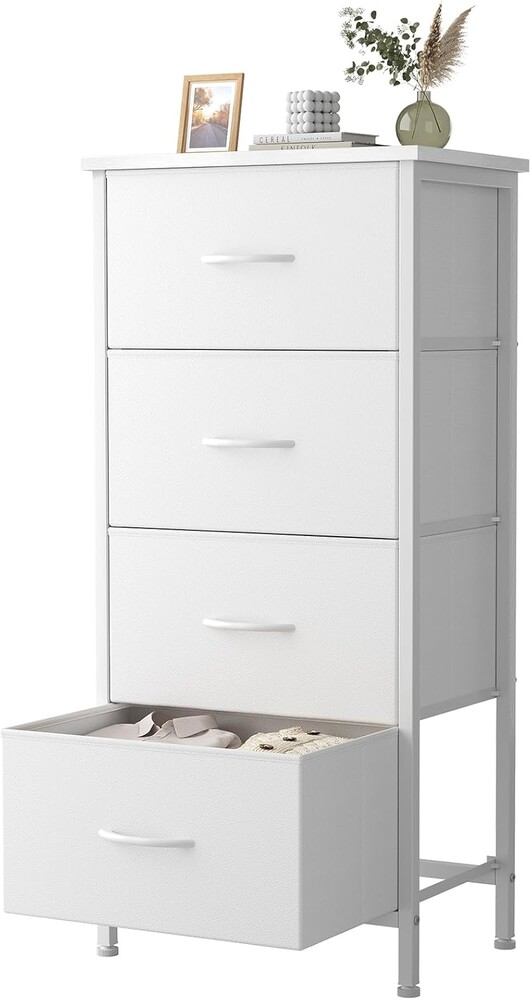 Sweetcrispy 4 Fabric Drawer Small Dresser, Bedside Nightstand with Wooden Top Sturdy Frame, Entryway Closet Bedroom Storage Cabinet Furniture for Dorm,White