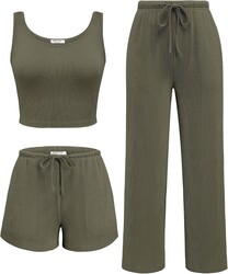 Ekouaer Women's 3 Piece Lounge Set Soft Twisted Rib Knit Summer Vacation Outfits Crop Top Shorts & Pants Set With Pokcet