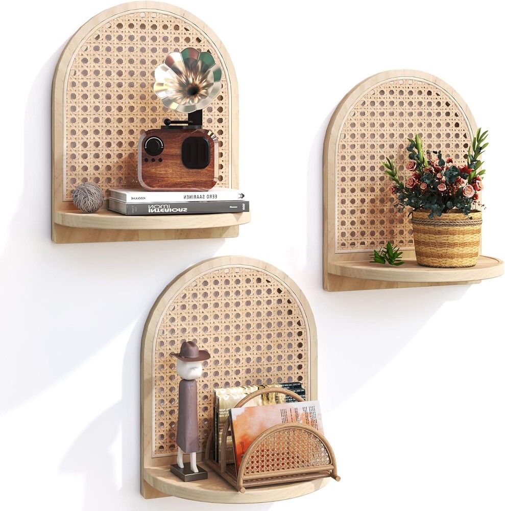 Rattan Wall Shelf Set of 3, 7''Natural Rattan Shelves with Wicker Decor, Boho Decor Small Floating Shelves for Wall, Arched Shelf for Plant Figurines Display,Mini Shelves for Knick Knack Storage