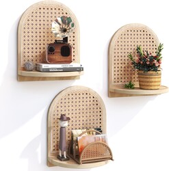 Rattan Wall Shelf Set of 3, 7''Natural Rattan Shelves with Wicker Decor, Boho Decor Small Floating Shelves for Wall, Arched Shelf for Plant Figurines Display,Mini Shelves for Knick Knack Storage