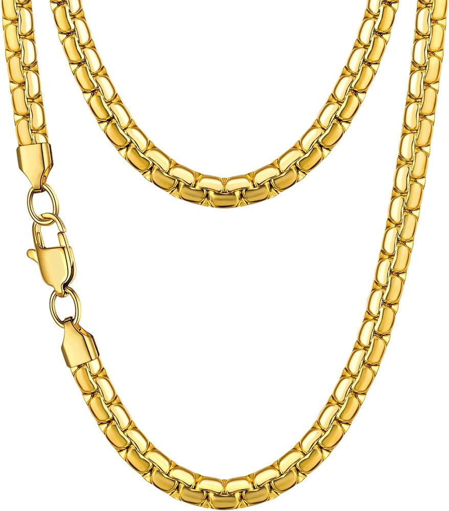 Jewlpire 4mm/5mm/6mm Silver/18K Gold Plated Flat Link Chain Necklace for Men, Stainless Steel Chain for Men, Hypoallergenic Men's Chain Necklaces 16 18 20 22 24 26 Inch