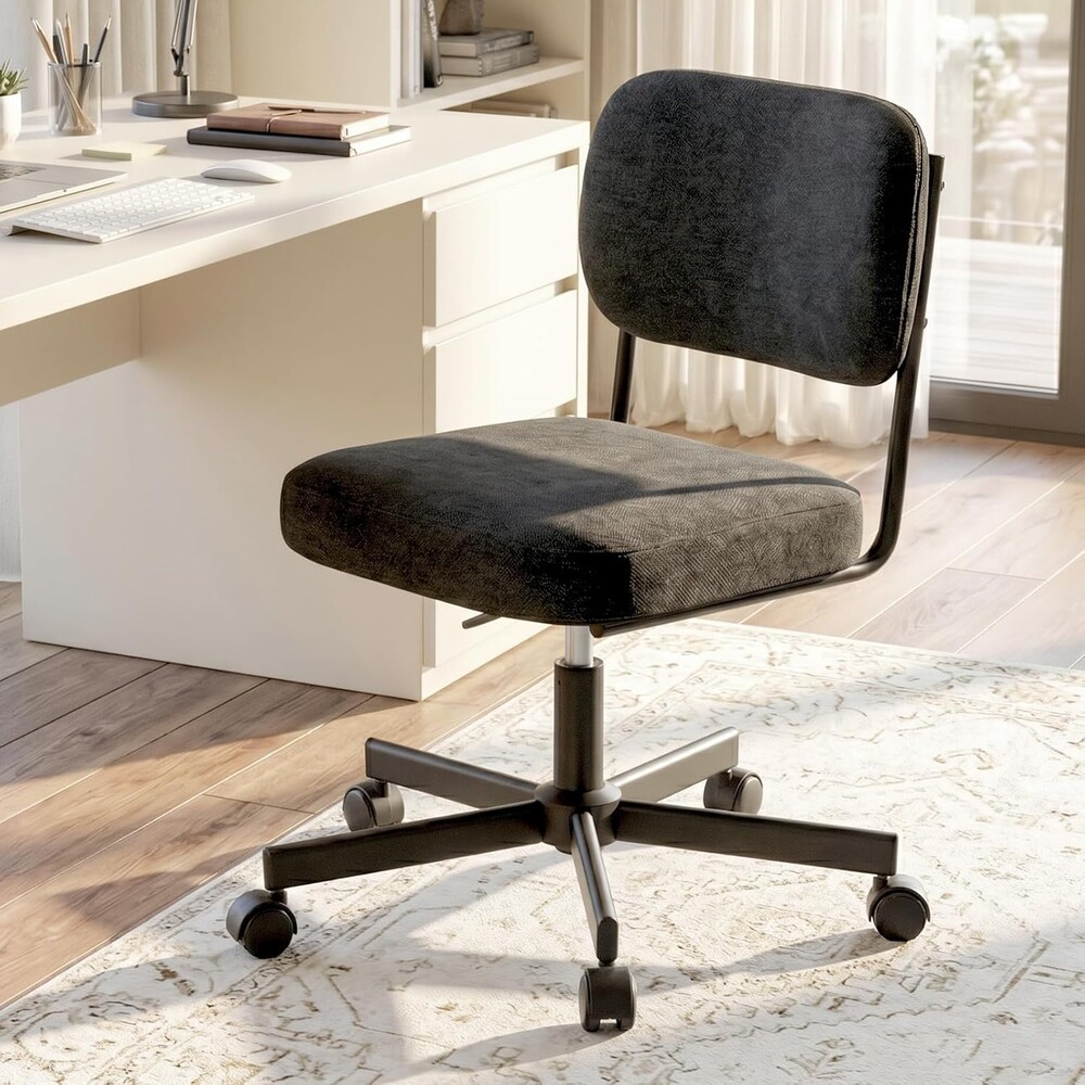 Vanity Chair with Wheels, Cute Armless Desk Chair with Back, Height Adjustable Swivel Small Office Chair, Comfy Fabric Computer Task Chair for Bedroom, Study, Dressing Room Black