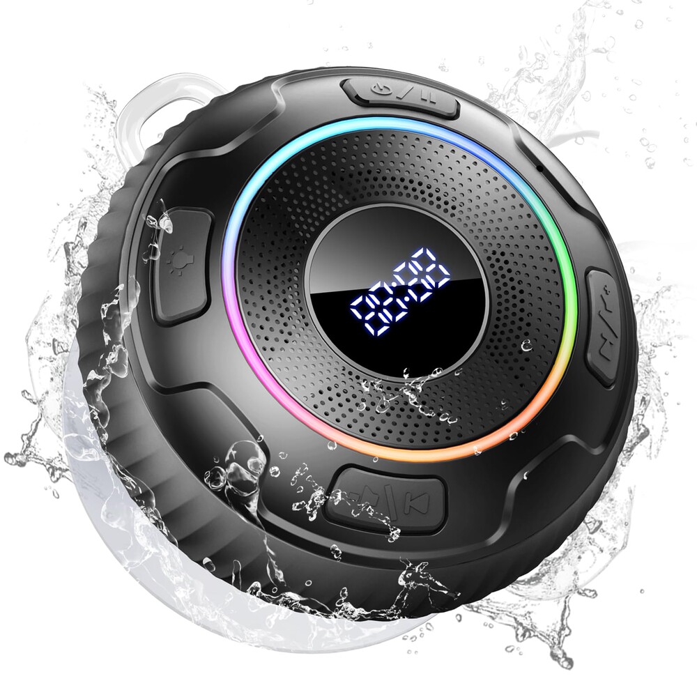 Hupoaf Bluetooth Shower Speaker, Wireless Bluetooth 5.3, HD Sound, Portable Speaker with Suction Cup/Hook, IPX7 Waterproof, with LED Light/Time Display, for Bathroom/Outdoor/Party/Beach/Kayak/Gift