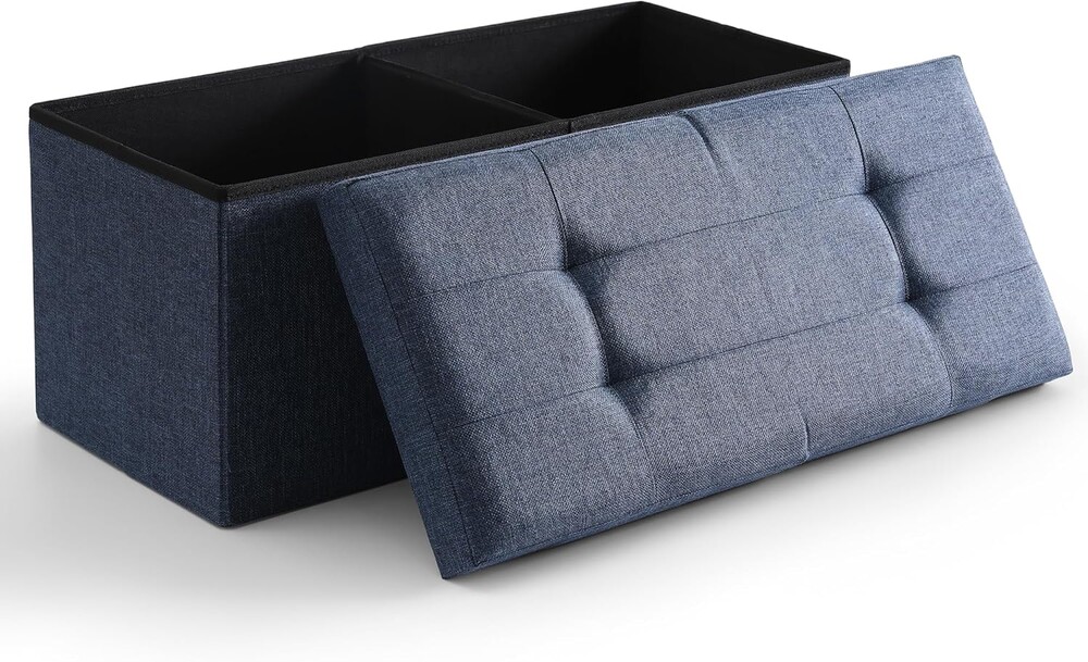 Storage Ottoman Bench Foldable Seat Footrest Shoe Bench End of Bed Storage with Flipping Lid, 75L Storage Space, 30 inches Linen Fabric Navy