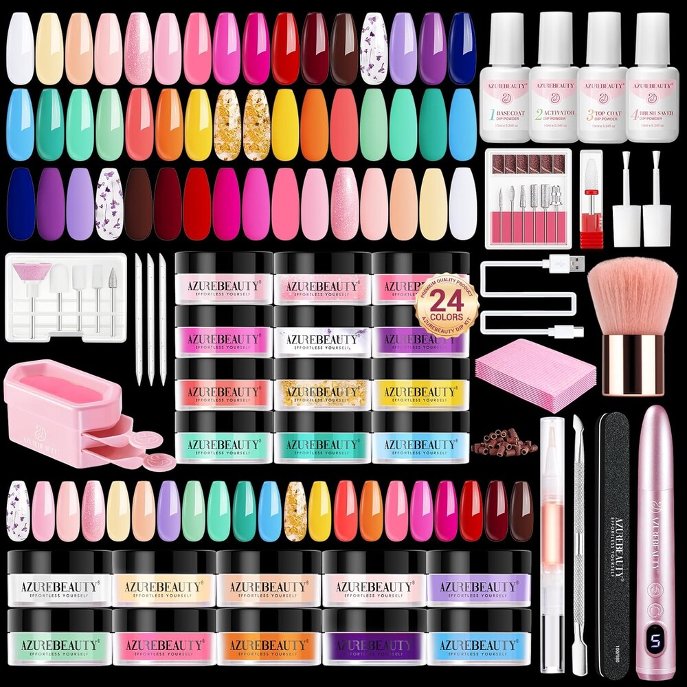 AzureBeauty Dip Powder Nail Kit with Electric Nail Drill 24 Colors Summer Green Pink Orange Nail Starter Kit with Dip Liquids Base Top Coat Activator Portable Manicure French Nail Art Essential Set