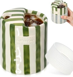 10oz Ceramic Coffee Mug with Sip Hole & Silicone Sleeve, Cute Novelty Hand-Painted Striped Porcelain, Microwave & Dishwasher Safe, Gift for Coffee Lover - Green