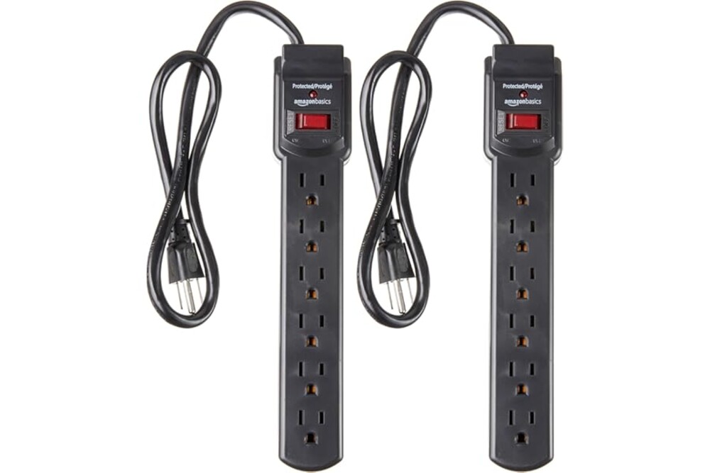 Amazon Basics Surge Protector Power Strip, 6-Outlet with 200J Protection, 2ft Extension Cord, Rectangle, Black (2 Pack)