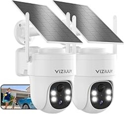 VIZIUUY Solar Security Cameras Wireless Outdoor, 2 Pack 3MP Security Cameras Wireless Outdoor, Pan Tilt 360°WiFi Camera with Color Night Vision/PIR Sensor/2-Way Audio/Alexa/Google Assistant