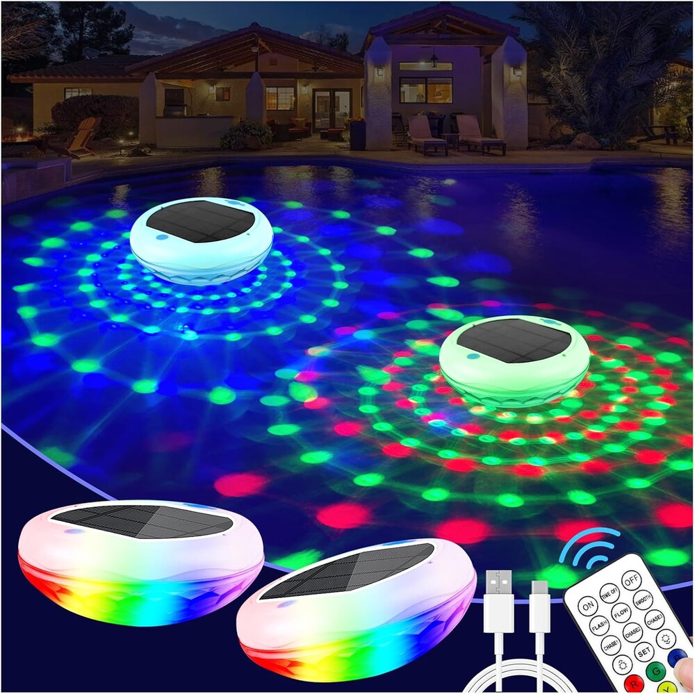TEPENAR Solar Floating Pool Lights: 2 Pack USB Rechargeable Pool Lights that Float 6 Dynamic Modes with Remote IP68 Waterproof Hang RGB Upper and Lower Floating Light for Pond Garden Party Yard