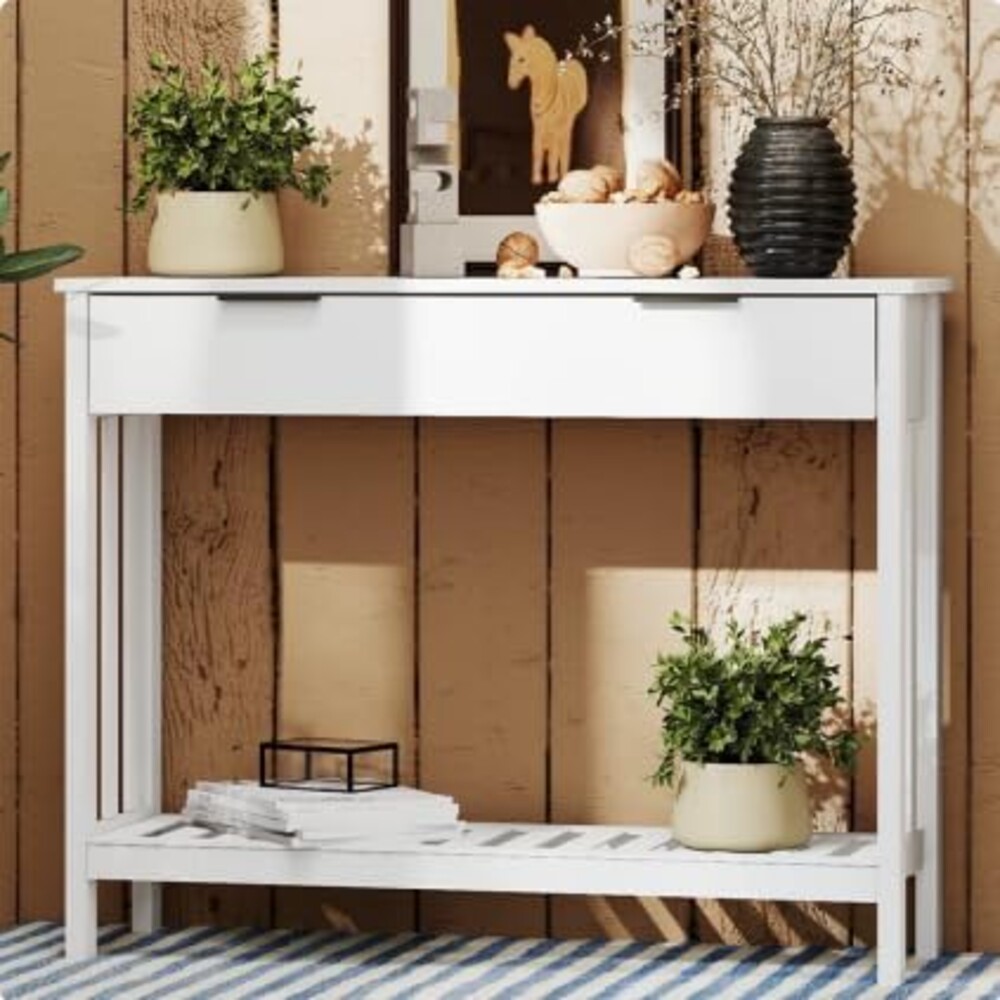 TaoHFE White Narrow Console Table with Drawer Storage Shelf, Modern Wooden Entryway Sofa Table, 39 Inch Slim Behind Couch Table, Side Display Console Table for Living Room,Office,White