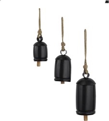 Deco 79 Metal Indoor Outdoor Decorative Cow Bells Tibetan Inspired Meditation Bell with Jute Hanging Rope, Set of 3 Cow Bell 10", 7", 5"H, Black
