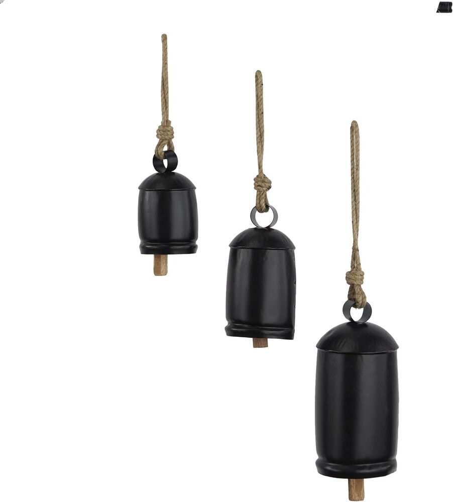 Deco 79 Metal Indoor Outdoor Decorative Cow Bells Tibetan Inspired Meditation Bell with Jute Hanging Rope, Set of 3 Cow Bell 10", 7", 5"H, Black