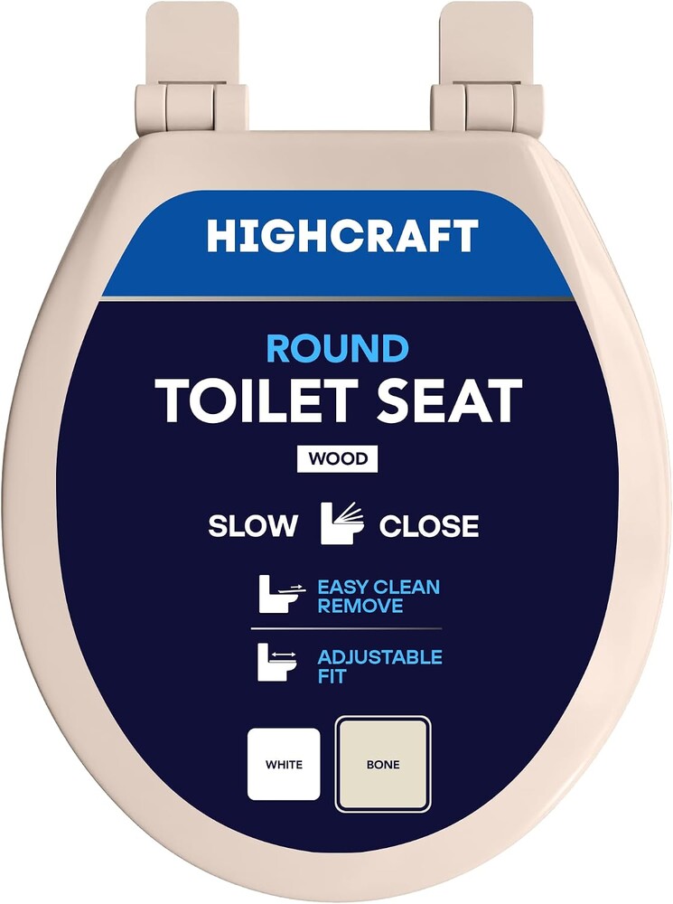 Highcraft B4TSWR Molded Wood Toilet Seat Slow Close ? Easy Remove ? Adjustable Hinge, Round, Bone