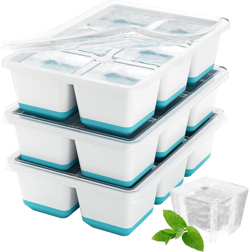 Optish Large Ice Cube Molds, 3 Pack Whiskey Square Ice Molds, 1.8 Inch Big Ice Cube Tray, Stackable Cocktail Ice Tray with Lid, Easy to Release (Blue)