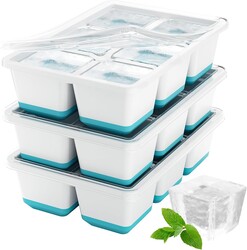 Optish Large Ice Cube Molds, 3 Pack Whiskey Square Ice Molds, 1.8 Inch Big Ice Cube Tray, Stackable Cocktail Ice Tray with Lid, Easy to Release (Blue)