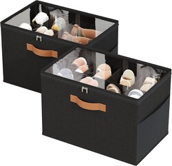 Shoe Organizer for Closet, 2-Pack Foldable Shoe Storage Box with Adjustable Dividers & Clear Cover, Fits 16 Pairs, Black, Durable and Space-Saving