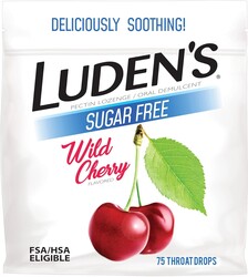 Luden's Sore Throat Relief Lozenges for Minor Everyday Irritation & Dry Mouth, Sugar Free Wild Cherry Flavored Drops, 75 Count