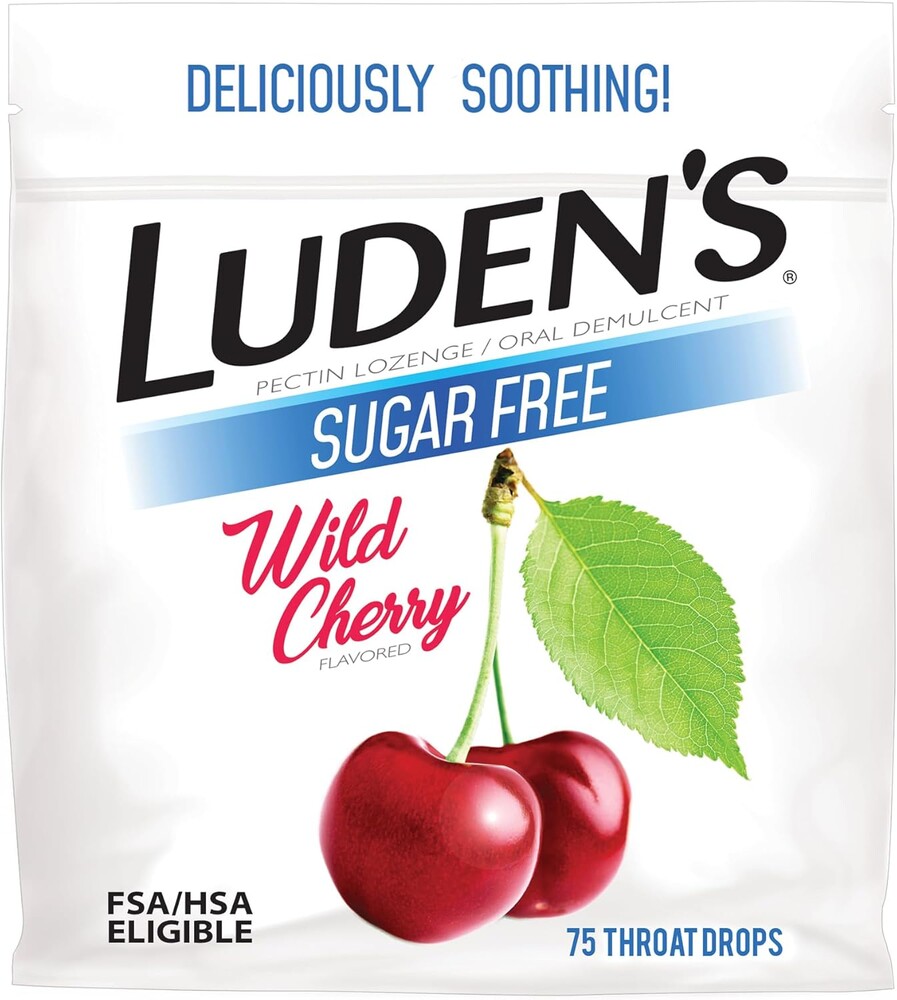 Luden's Sore Throat Relief Lozenges for Minor Everyday Irritation & Dry Mouth, Sugar Free Wild Cherry Flavored Drops, 75 Count