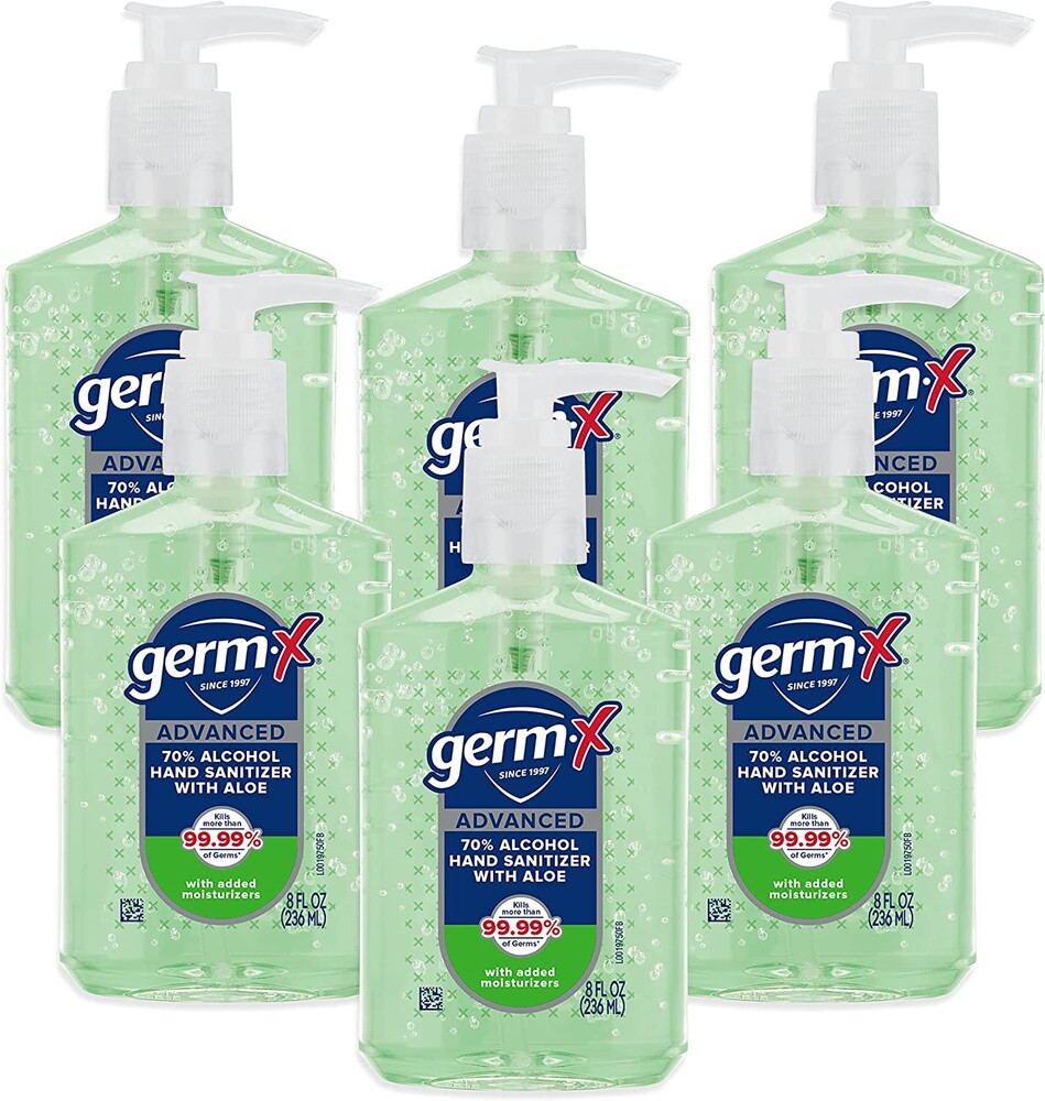 Germ-X Advanced Hand Sanitizer with Aloe and Vitamin E, 8 Fl Oz (Pack of 6), Less Drying Moisturizing Gel, No Rinse Formula, Pump Bottle