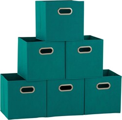Household Essentials Fabric Storage Cubes 6 Pack – 11x11x11 Foldable Non-Woven Bins with Chipboard Sides & Grommet Handles – Stackable Cube Organizer for Closet, Nursery, Shelf, or Office – Aqua