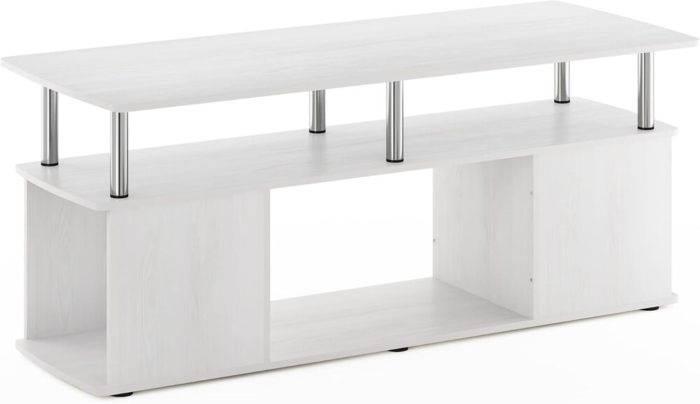 Furinno JAYA TV Stand, 3-Tier Entertainment Center with Open Shelf, TV Console for TV up to 50 Inch with Side Open Storage Compartments, for Living Room, Bedroom, White Oak/Stainless Steel Tubes
