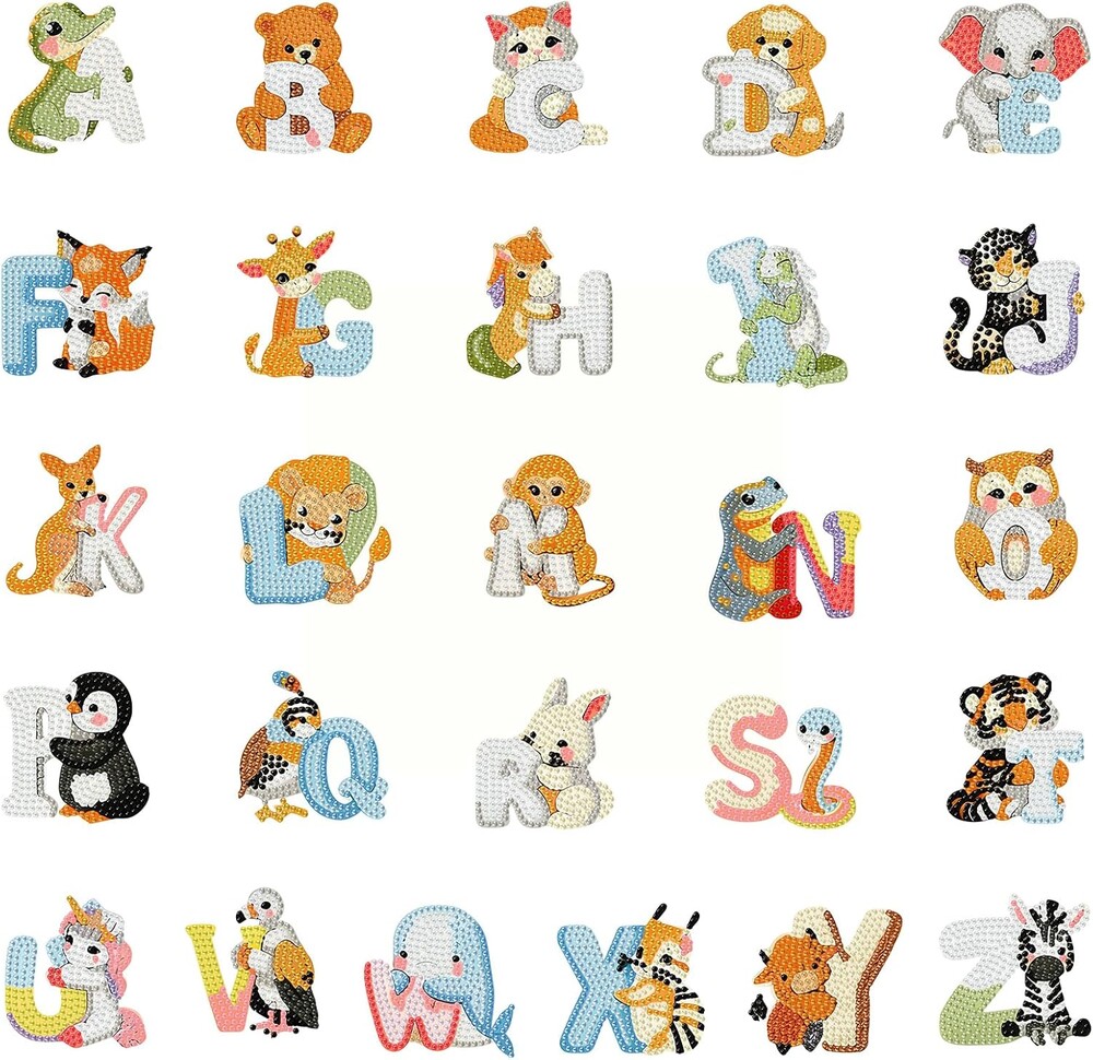 Aestalrcus 26 Pcs Animal Diamond Art Kits for Kids, Diamond Art Stickers for Kids, 5D Gem Stickers Round Drills Decor for Laptop Phone Case Home