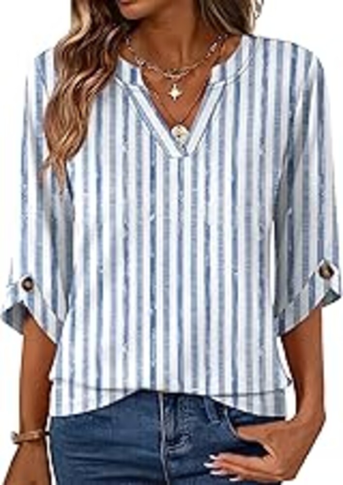Kistore Womens 3/4 Length Sleeve Tunic Tops Dressy Casual V Neck Shirts Trendy Flowy Tees