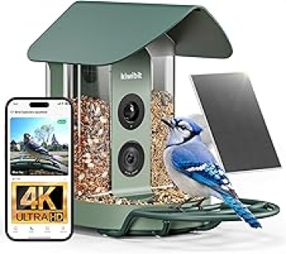 Kiwibit Smart Bird Feeder with Camera Solar Powered, 4K Video Live stream, Wireless Outdoors Bird Camera, AI Identification Bird Specie, Real-Time Bird Alert, Birdwatching Gift for Father's Day, Green