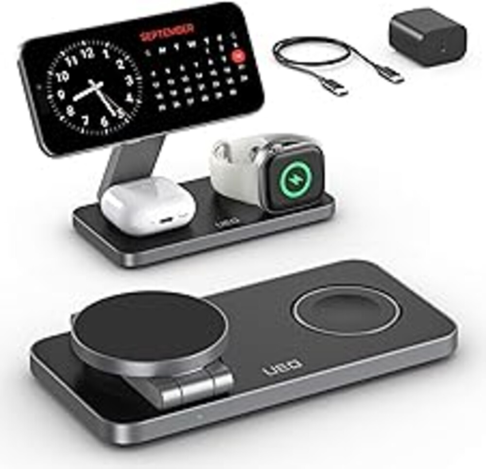 UEQ Foldable 3 in 1 Wireless Charging Station for Apple Magsafe Charger Stand,Fast Magnetic Wireless Charger Station for iPhone 17 Air 16 15 14 13 12 Series,Airpods Pro,Apple Watch Ultra (Pure Black)